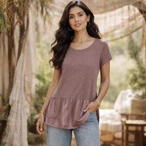 Garnet Hill Tunic Tee Cotton/Silk Rose Pink Mixed Media Pullover Size M